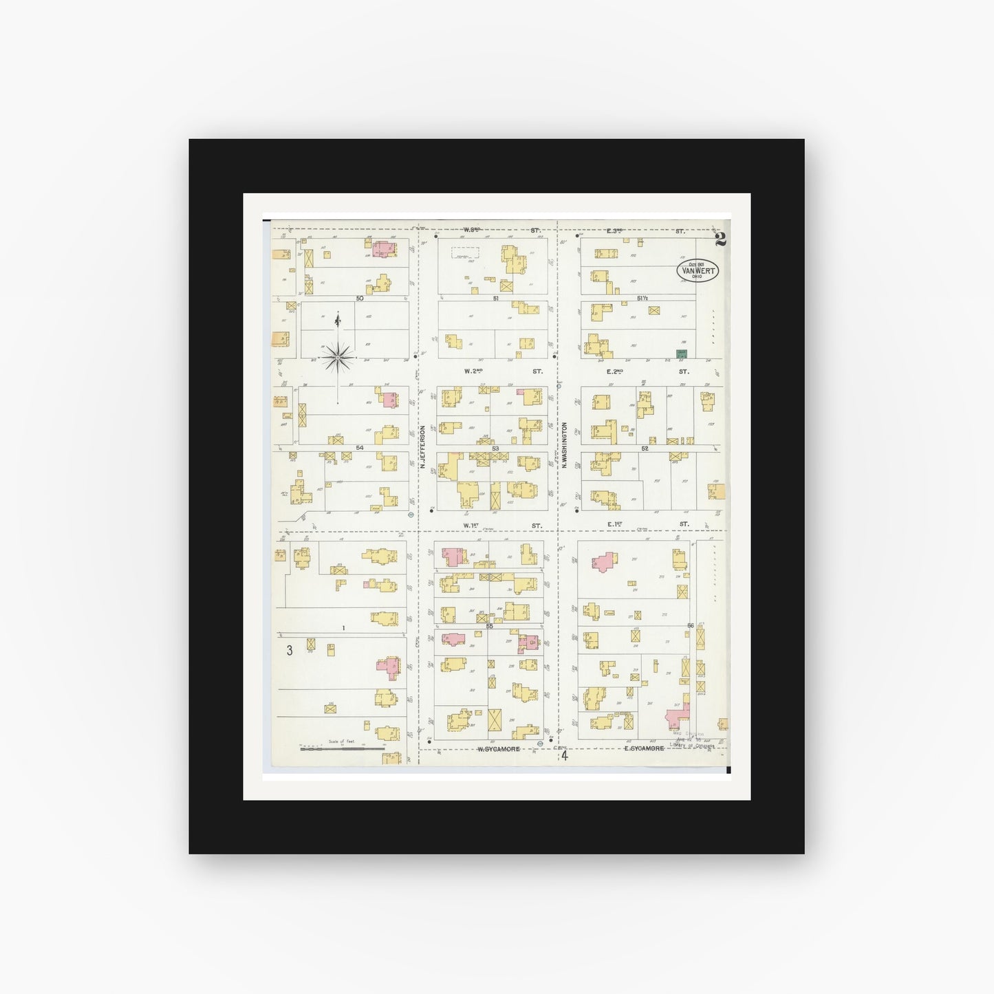 Old map wall art mockup — black gallery frame with white mat — Sanborn Fire Insurance Map from Van Wert, Van Wert County, Ohio (1901), Sheet #0002
