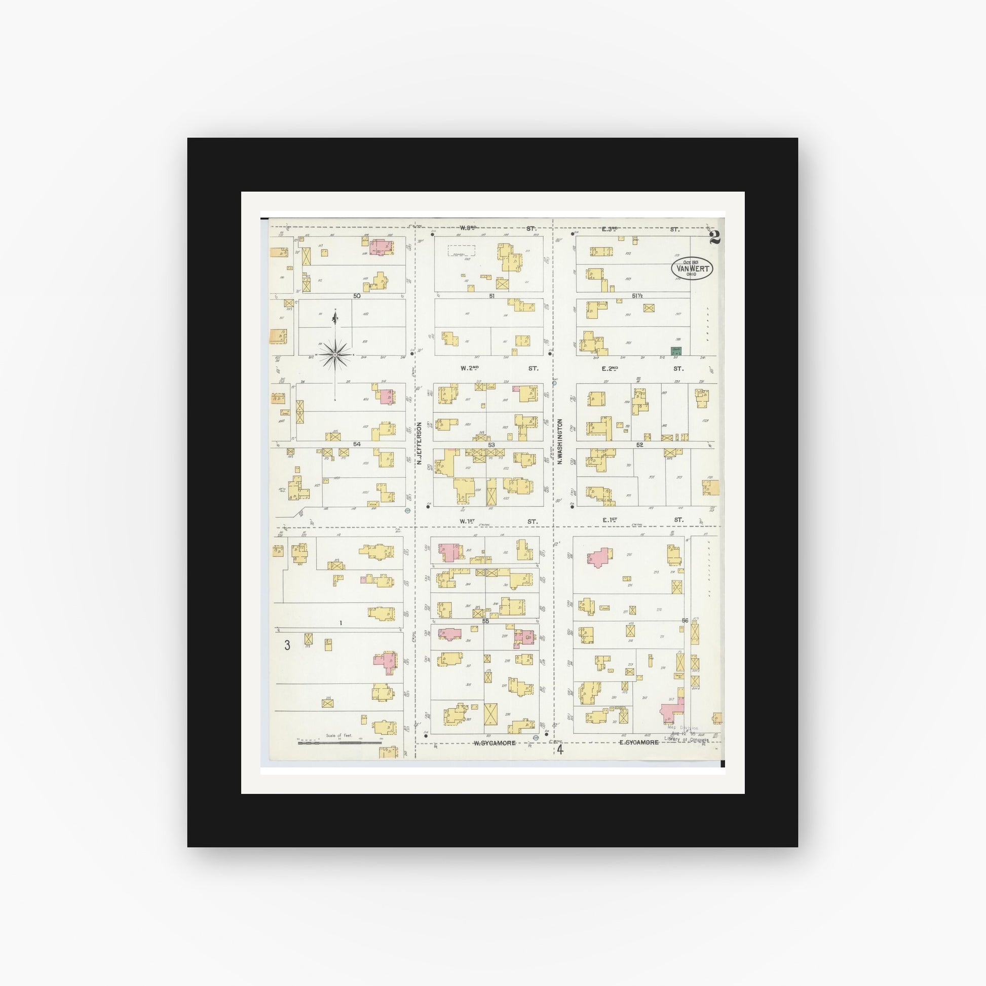 Old map wall art mockup — black gallery frame with white mat — Sanborn Fire Insurance Map from Van Wert, Van Wert County, Ohio (1901), Sheet #0002