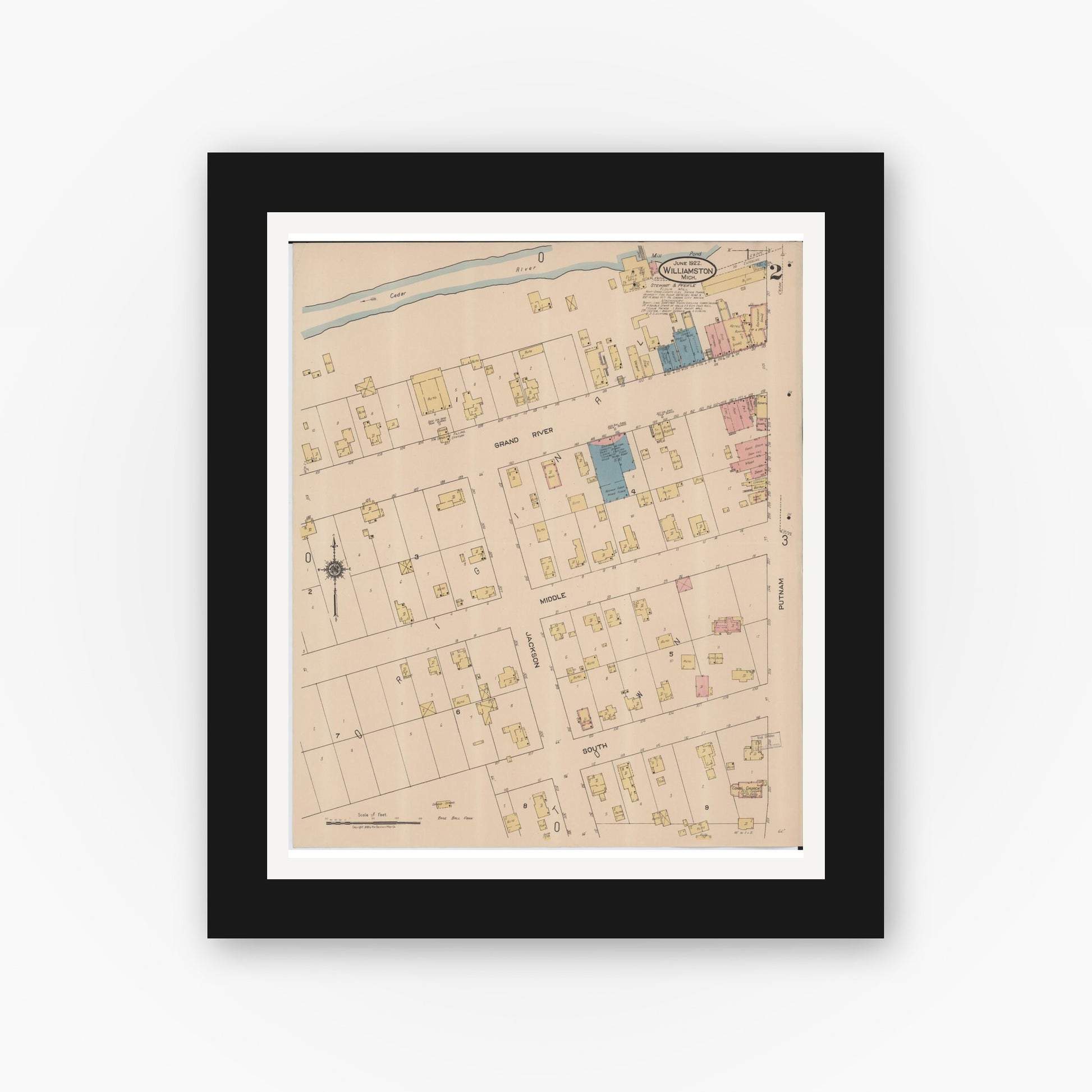 Old map wall art mockup — black gallery frame with white mat — Sanborn Fire Insurance Map from Williamston, Ingham County, Michigan (1922), Sheet #0002