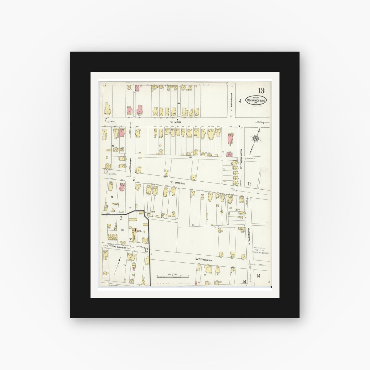 Old map wall art mockup — black gallery frame with white mat — Sanborn Fire Insurance Map from Mechanicsburg, Cumberland County, Pennsylvania (1911), Sheet #0013