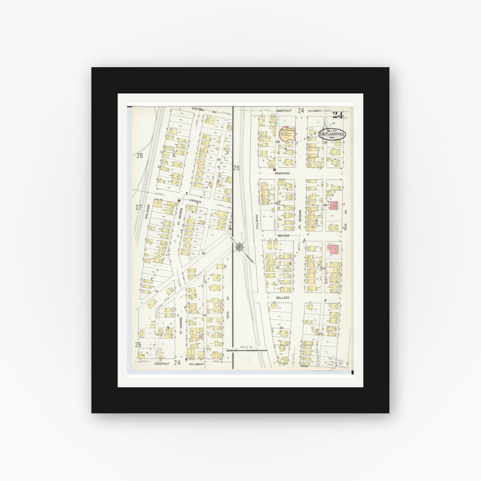 Old map wall art mockup — black gallery frame with white mat — Sanborn Fire Insurance Map from East Liverpool, Columbiana County, Ohio (1913), Sheet #0024
