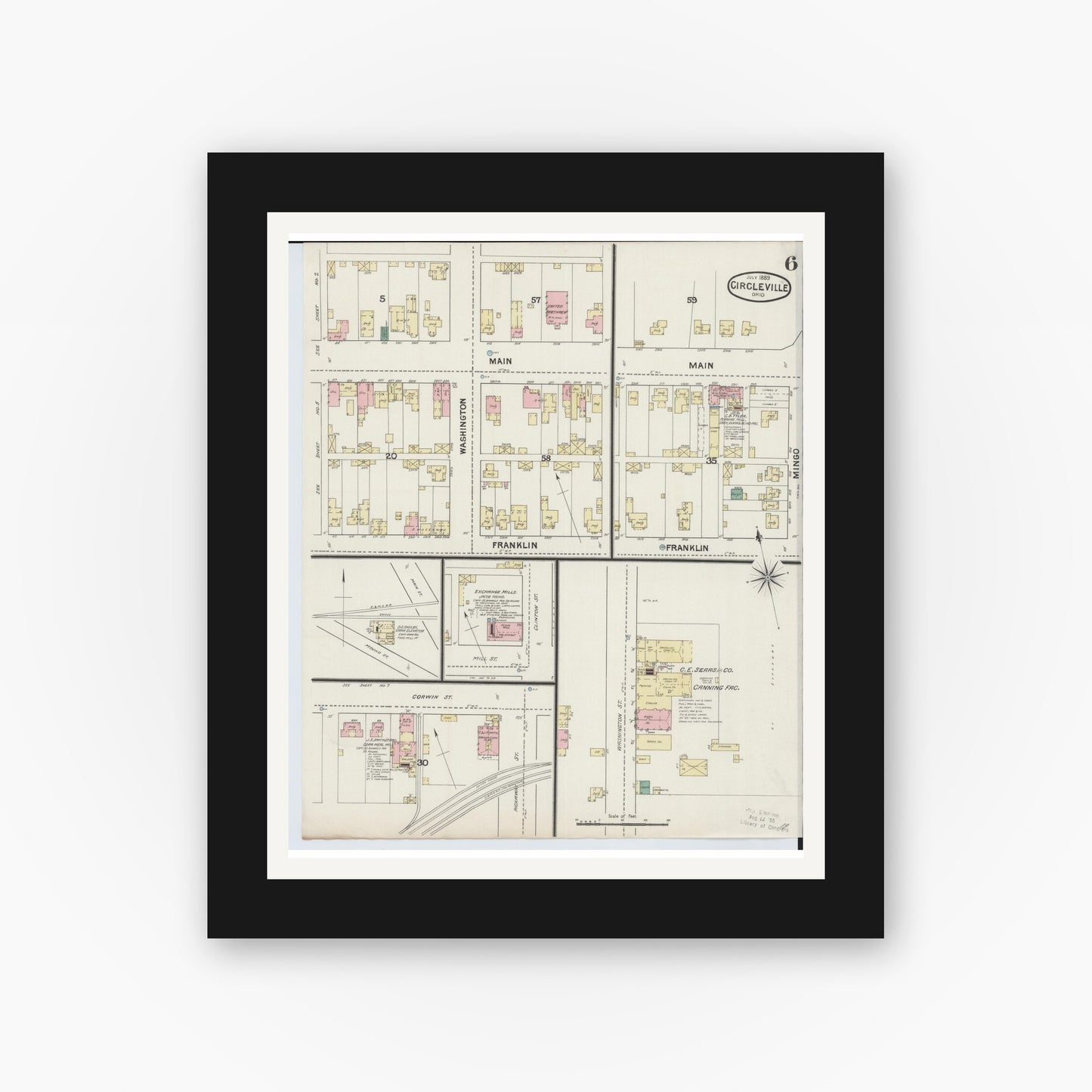 Old map wall art mockup — black gallery frame with white mat — Sanborn Fire Insurance Map from Circleville, Pickaway County, Ohio (1889), Sheet #0006