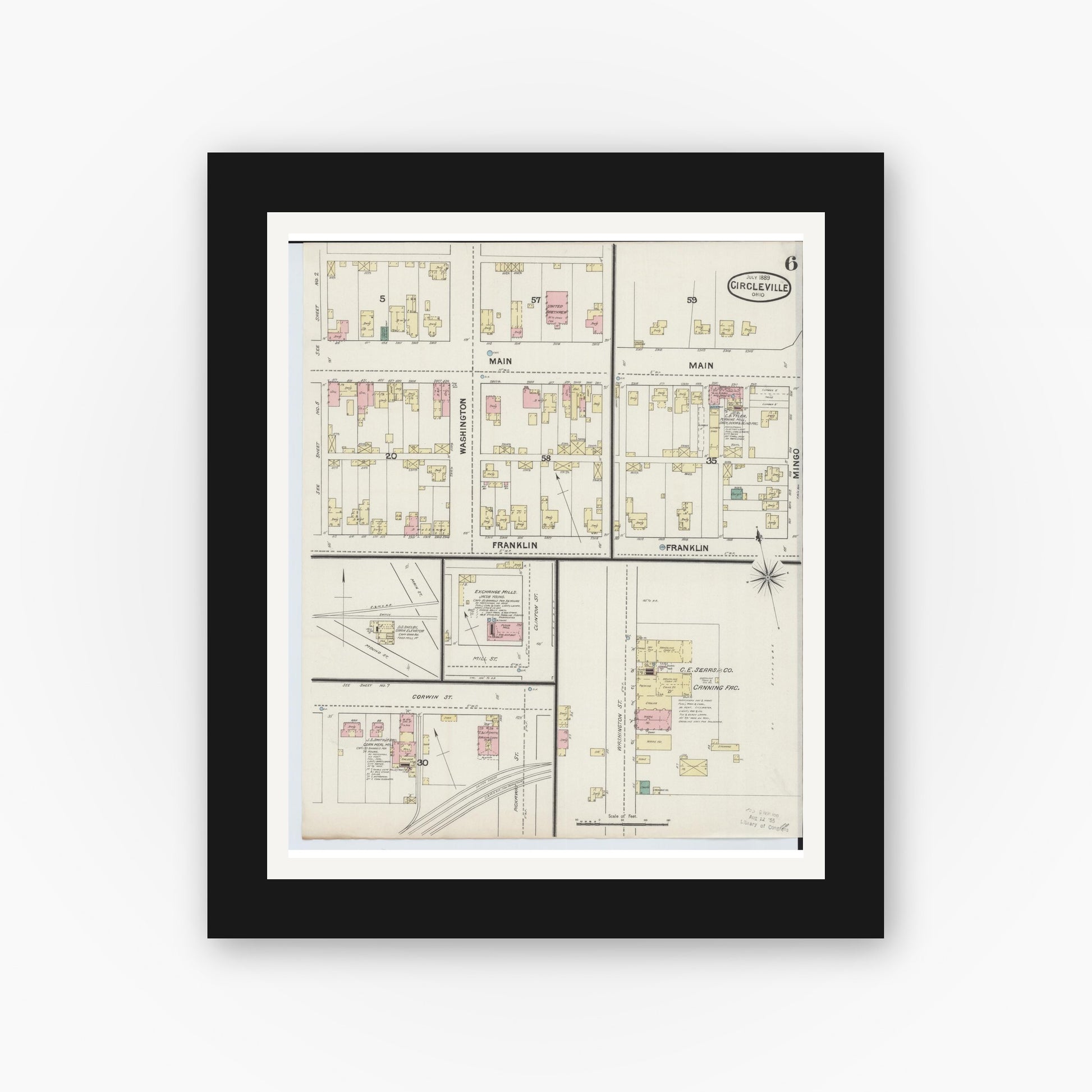 Old map wall art mockup — black gallery frame with white mat — Sanborn Fire Insurance Map from Circleville, Pickaway County, Ohio (1889), Sheet #0006