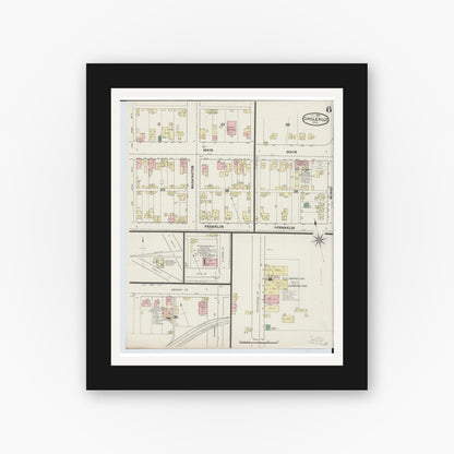 Old map wall art mockup — black gallery frame with white mat — Sanborn Fire Insurance Map from Circleville, Pickaway County, Ohio (1889), Sheet #0006