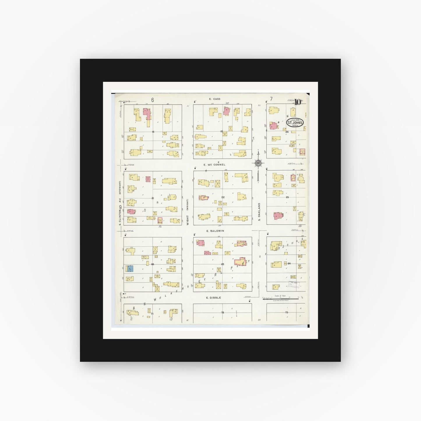 Old map wall art mockup — black gallery frame with white mat — Sanborn Fire Insurance Map from Saint Johns, Clinton County, Michigan (1918), Sheet #0010