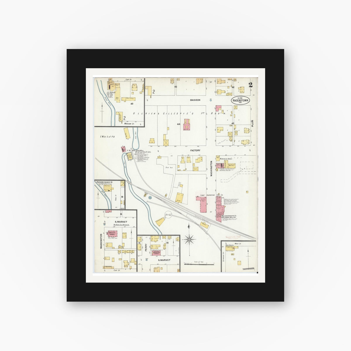 Old map wall art mockup — black gallery frame with white mat — Sanborn Fire Insurance Map from Hagerstown, Wayne County, Indiana (1901), Sheet #0002