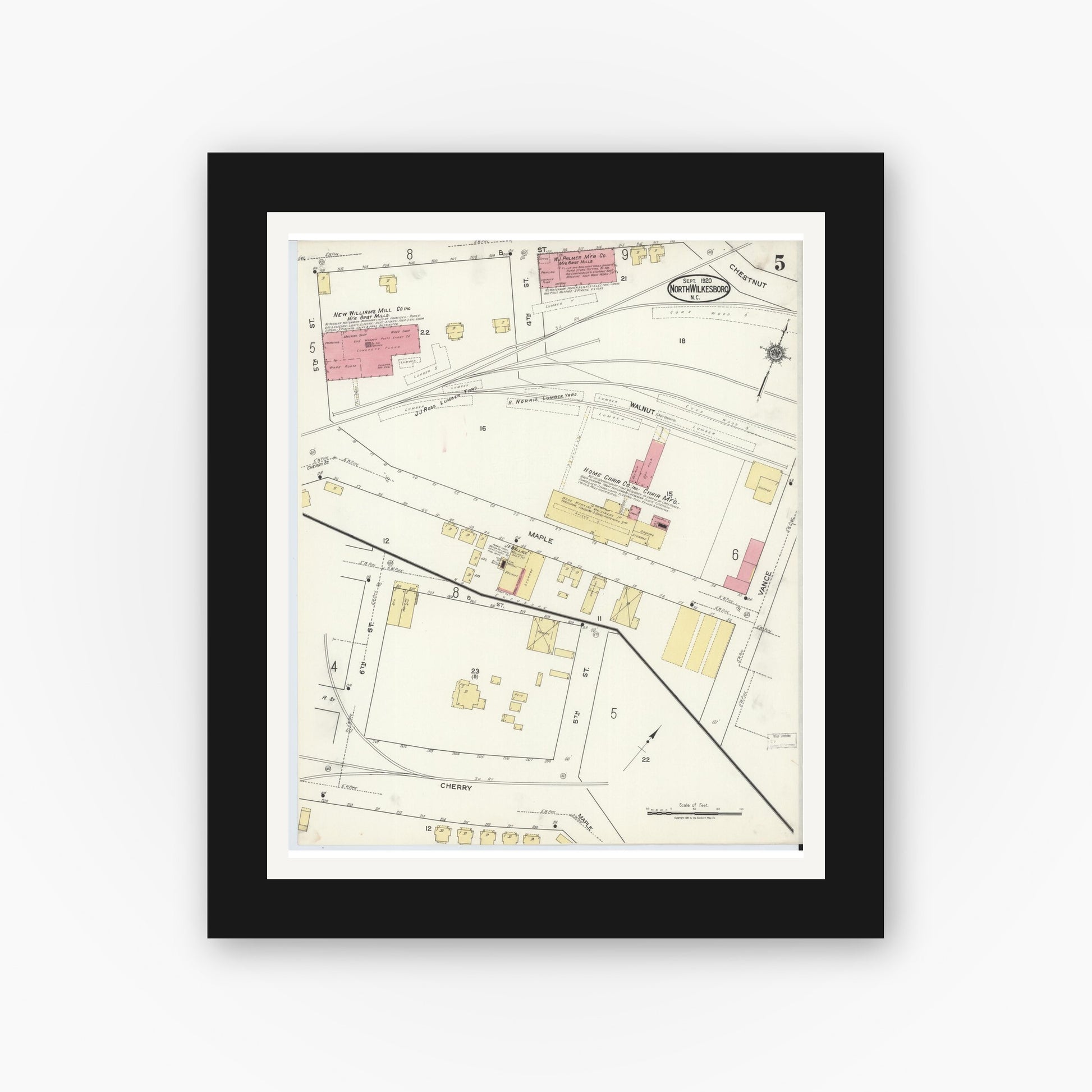 Old map wall art mockup — black gallery frame with white mat — Sanborn Fire Insurance Map from North Wilkesboro, Wilkes County, North Carolina (1920), Sheet #0005
