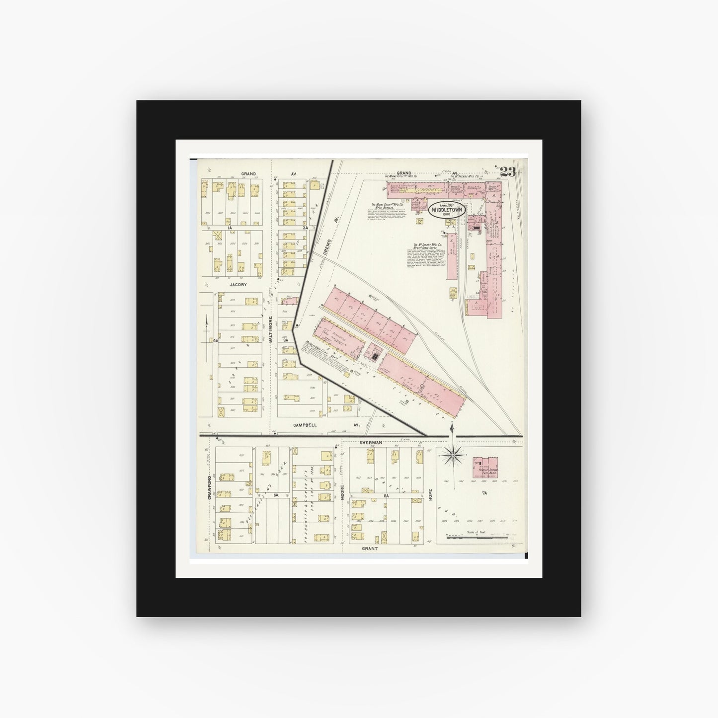 Old map wall art mockup — black gallery frame with white mat — Sanborn Fire Insurance Map from Middletown, Butler County, Ohio (1907), Sheet #0023