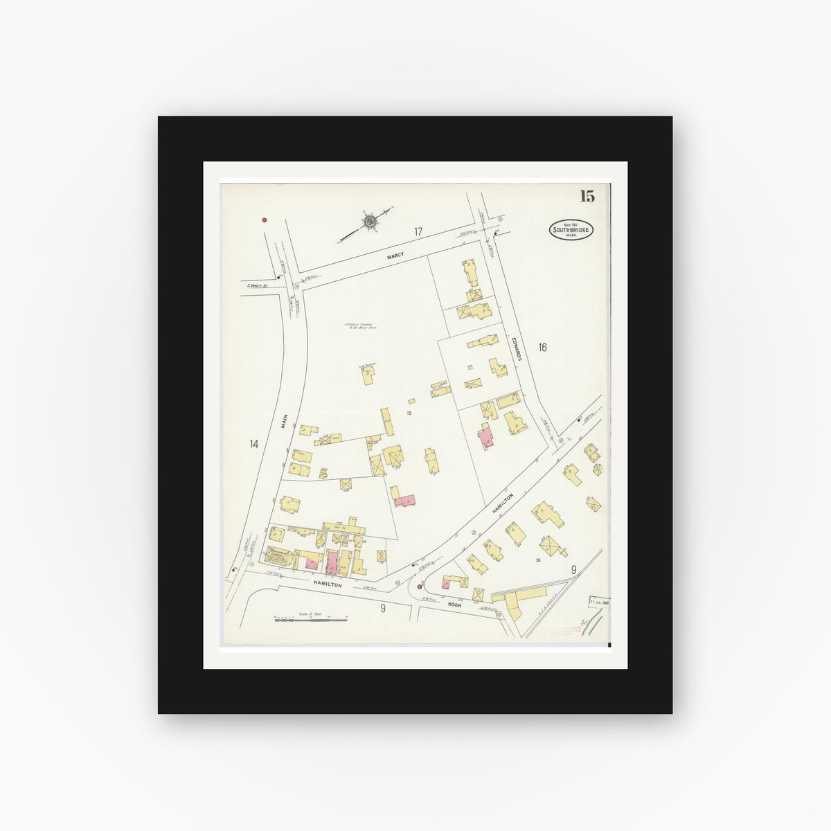 Old map wall art mockup — black gallery frame with white mat — Sanborn Fire Insurance Map from Southbridge, Worcester County, Massachusetts (1911), Sheet #0015