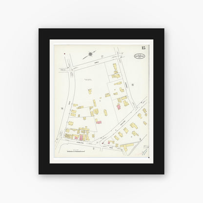 Old map wall art mockup — black gallery frame with white mat — Sanborn Fire Insurance Map from Southbridge, Worcester County, Massachusetts (1911), Sheet #0015