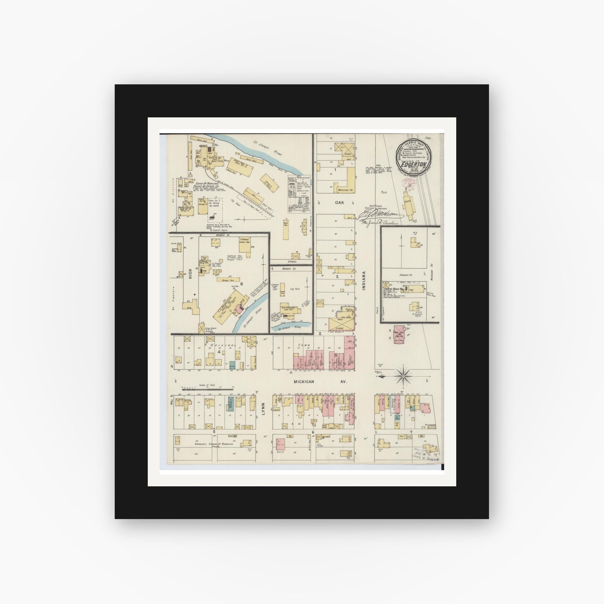 Old map wall art mockup — black gallery frame with white mat — Sanborn Fire Insurance Map from Edgerton, Williams County, Ohio (1895), Sheet #0001