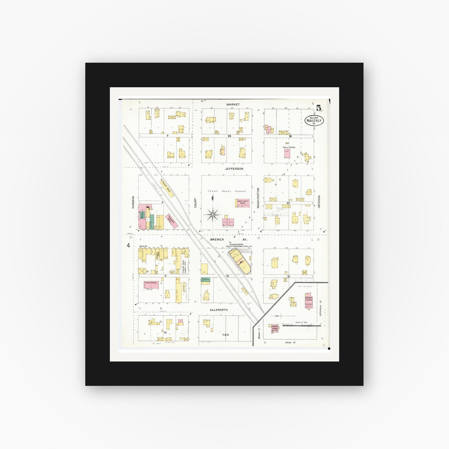 Old map wall art mockup — black gallery frame with white mat — Sanborn Fire Insurance Map from Waverly, Bremer County, Iowa (1905), Sheet #0005