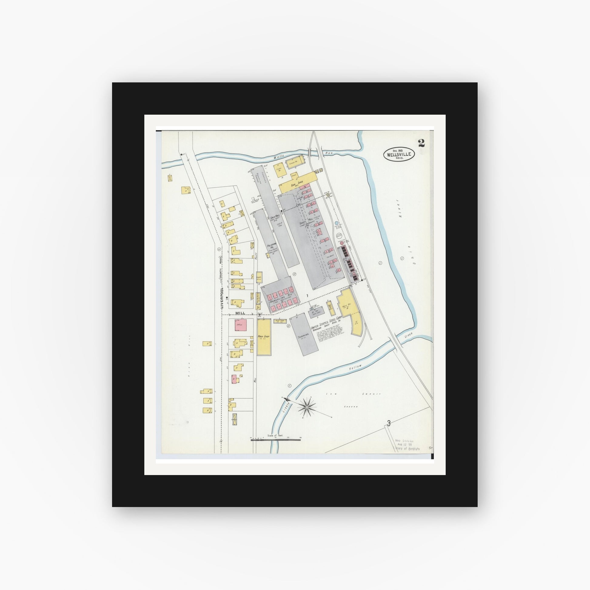 Old map wall art mockup — black gallery frame with white mat — Sanborn Fire Insurance Map from Wellsville, Columbiana County, Ohio (1903), Sheet #0002