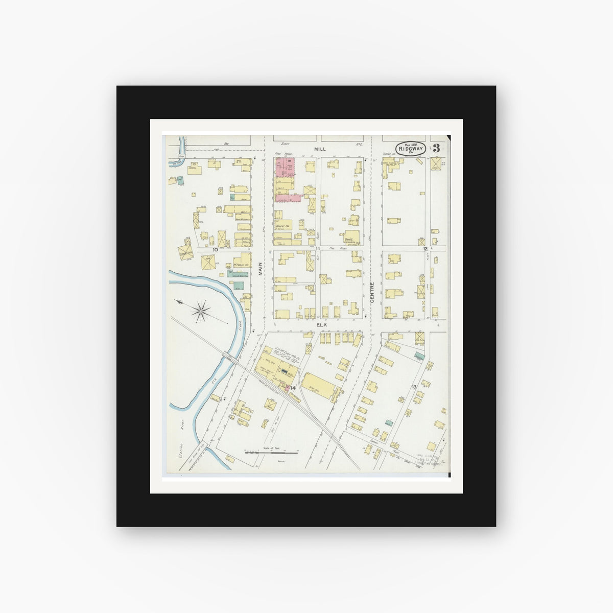Old map wall art mockup — black gallery frame with white mat — Sanborn Fire Insurance Map from Ridgway, Elk County, Pennsylvania (1892), Sheet #0003
