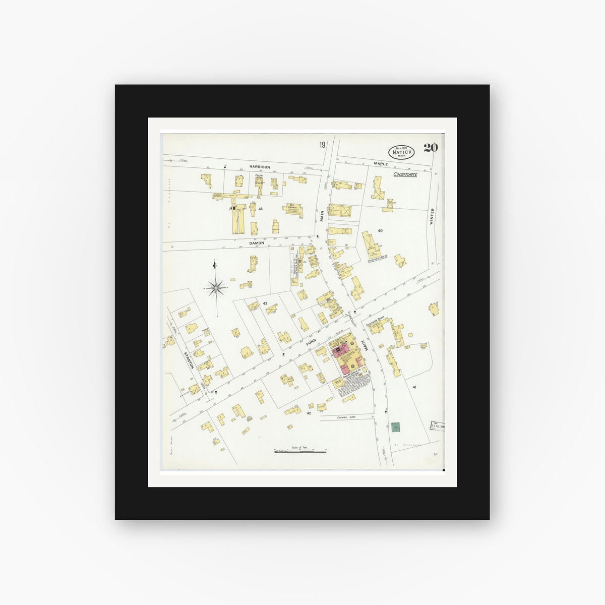 Old map wall art mockup — black gallery frame with white mat — Sanborn Fire Insurance Map from Natick, Middlesex County, Massachusetts (1909), Sheet #0020