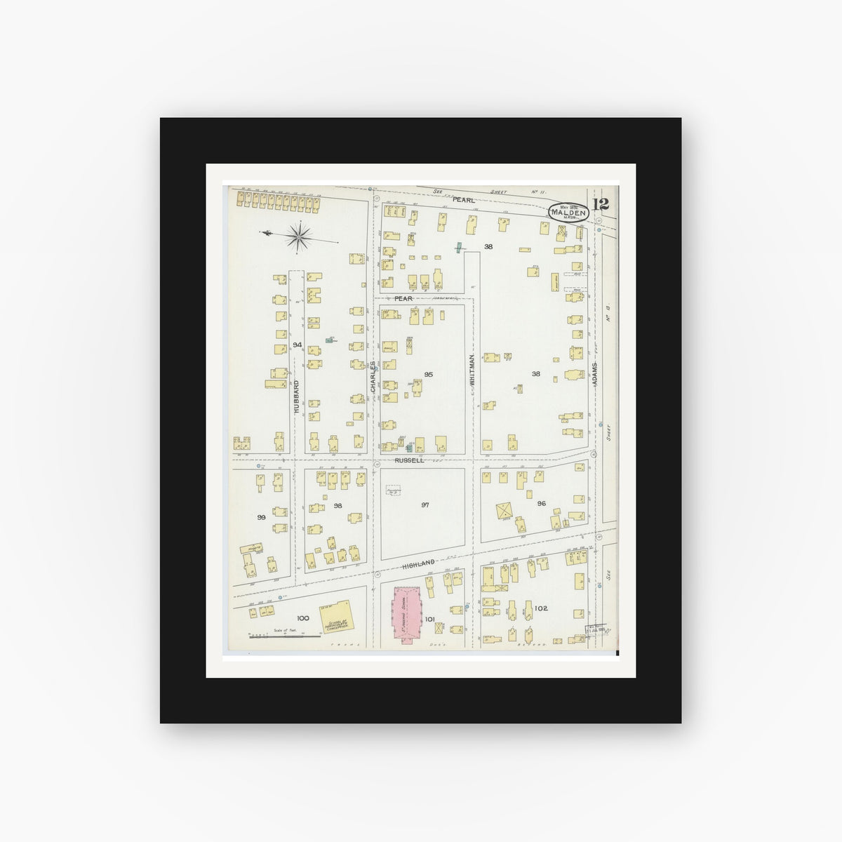 Old map wall art mockup — black gallery frame with white mat — Sanborn Fire Insurance Map from Malden, Middlesex County, Massachusetts (1892), Sheet #0012