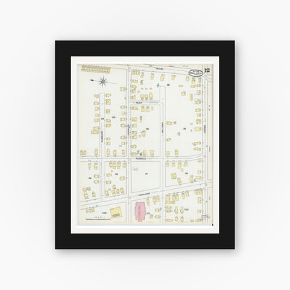 Old map wall art mockup — black gallery frame with white mat — Sanborn Fire Insurance Map from Malden, Middlesex County, Massachusetts (1892), Sheet #0012