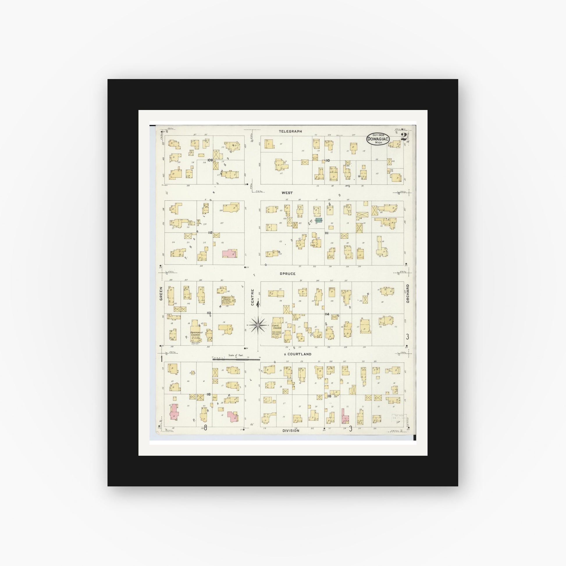 Old map wall art mockup — black gallery frame with white mat — Sanborn Fire Insurance Map from Dowagiac, Cass County, Michigan (1908), Sheet #0002