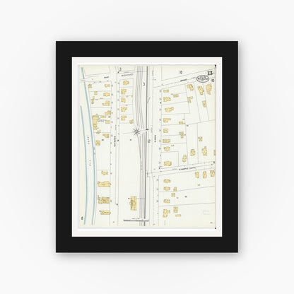 Old map wall art mockup — black gallery frame with white mat — Sanborn Fire Insurance Map from Newark, Wayne County, New York (1906), Sheet #0013