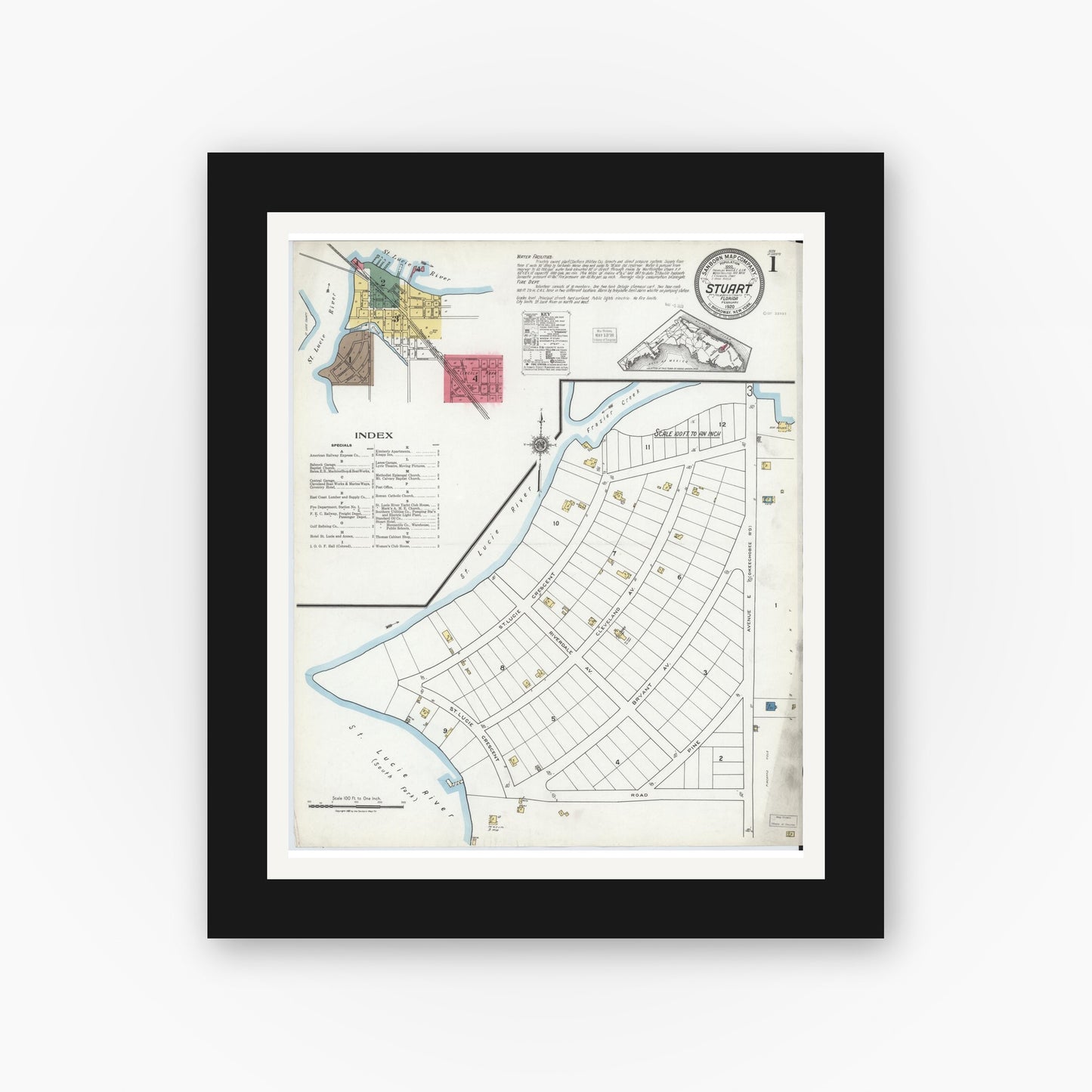 Old map wall art mockup — black gallery frame with white mat — Sanborn Fire Insurance Map from Stuart, Martin County, Florida (1920) - Complete Map Set