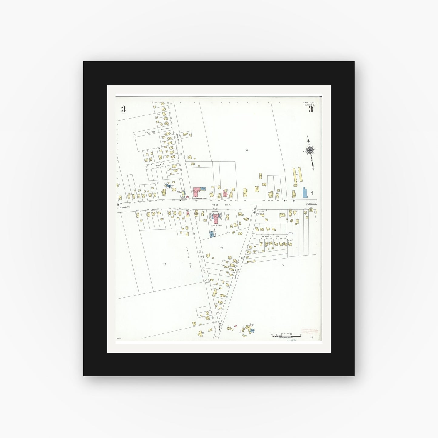 Old map wall art mockup — black gallery frame with white mat — Sanborn Fire Insurance Map from Greece, Monroe County, New York (1942), Sheet #0003