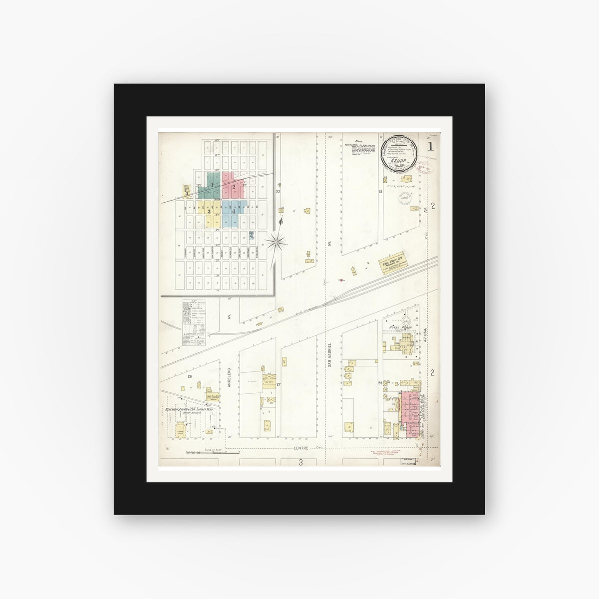Old map wall art mockup — black gallery frame with white mat — Sanborn Fire Insurance Map from Azusa, Los Angeles County, California (1899), Sheet #0001