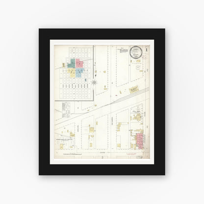Old map wall art mockup — black gallery frame with white mat — Sanborn Fire Insurance Map from Azusa, Los Angeles County, California (1899), Sheet #0001