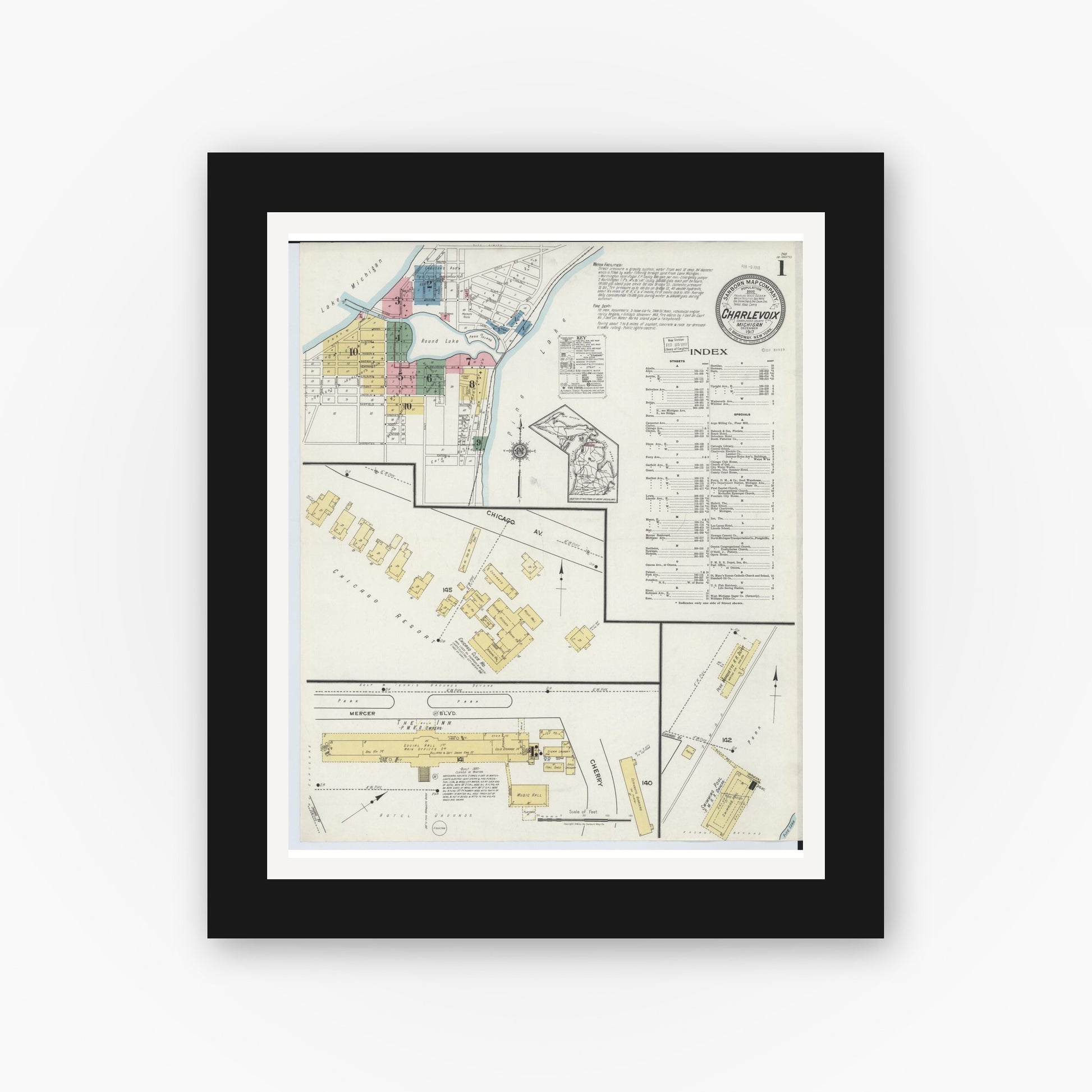 Old map wall art mockup — black gallery frame with white mat — Sanborn Fire Insurance Map from Charlevoix, Charlevoix County, Michigan (1917) - Complete Map Set