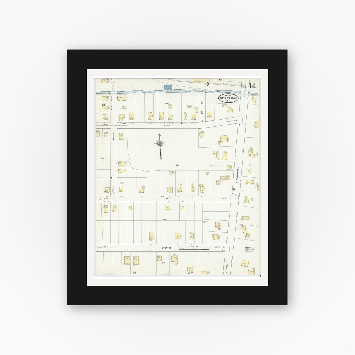 Old map wall art mockup — black gallery frame with white mat — Sanborn Fire Insurance Map from North Attleborough, Bristol County, Massachusetts (1911), Sheet #0014