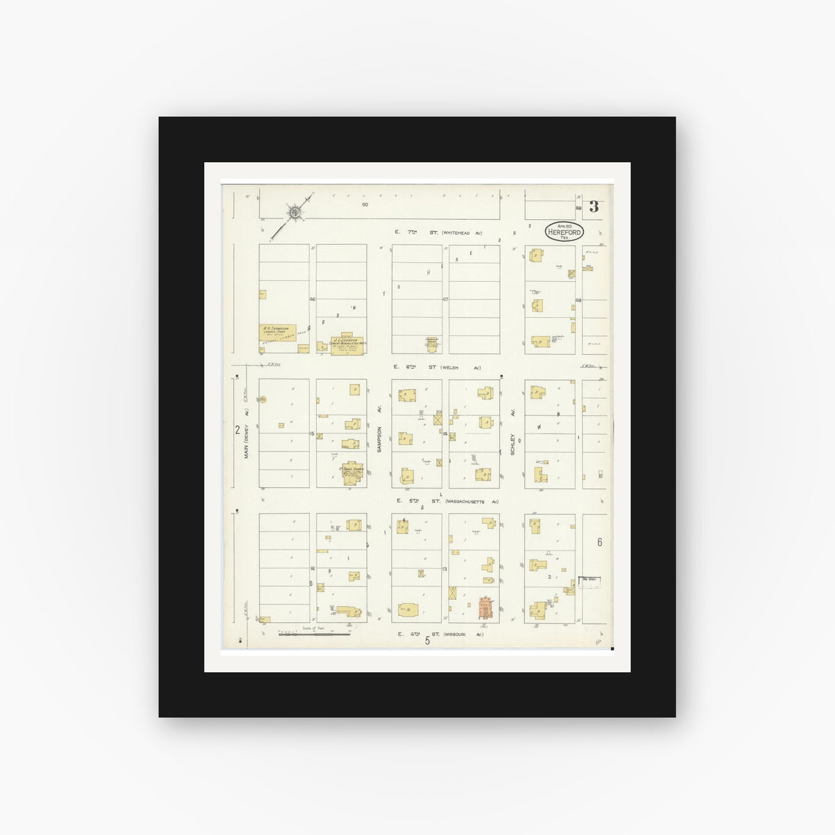 Old map wall art mockup — black gallery frame with white mat — Sanborn Fire Insurance Map from Hereford, Deaf Smith County, Texas (1913), Sheet #0003