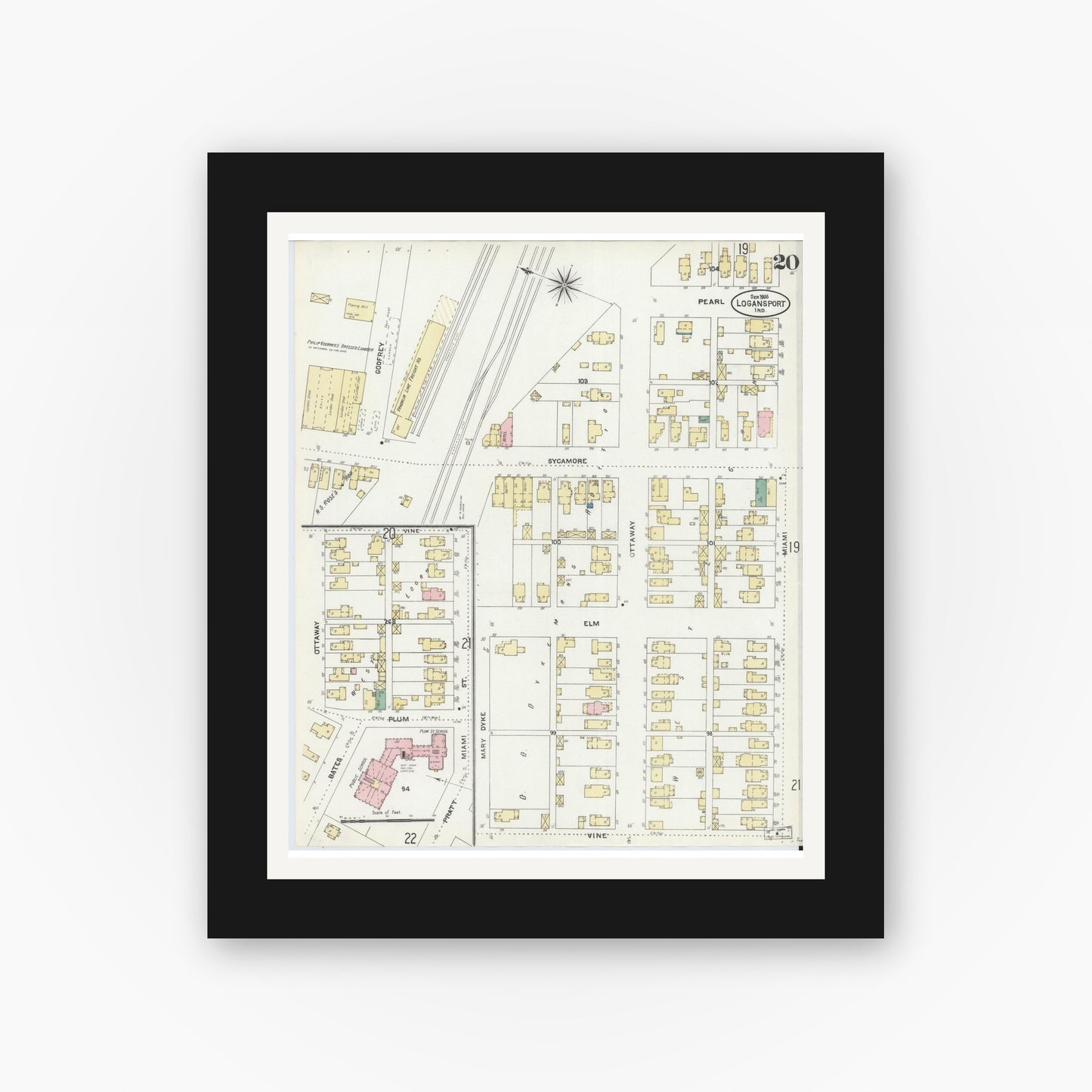 Old map wall art mockup — black gallery frame with white mat — Sanborn Fire Insurance Map from Logansport, Cass County, Indiana (1906), Sheet #0020