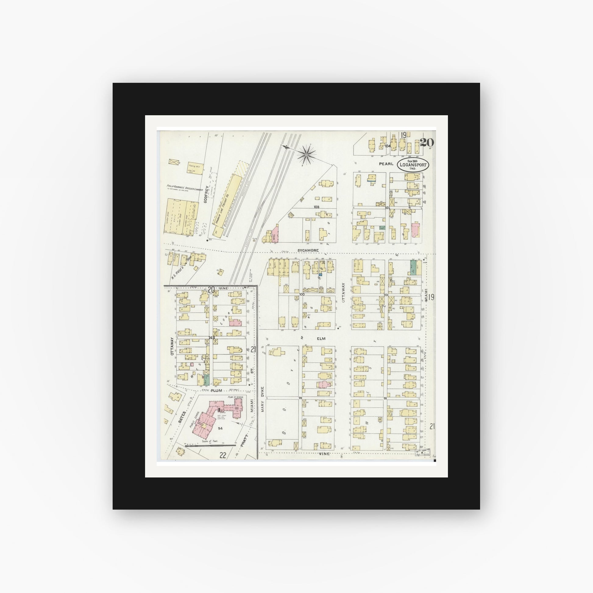 Old map wall art mockup — black gallery frame with white mat — Sanborn Fire Insurance Map from Logansport, Cass County, Indiana (1906), Sheet #0020