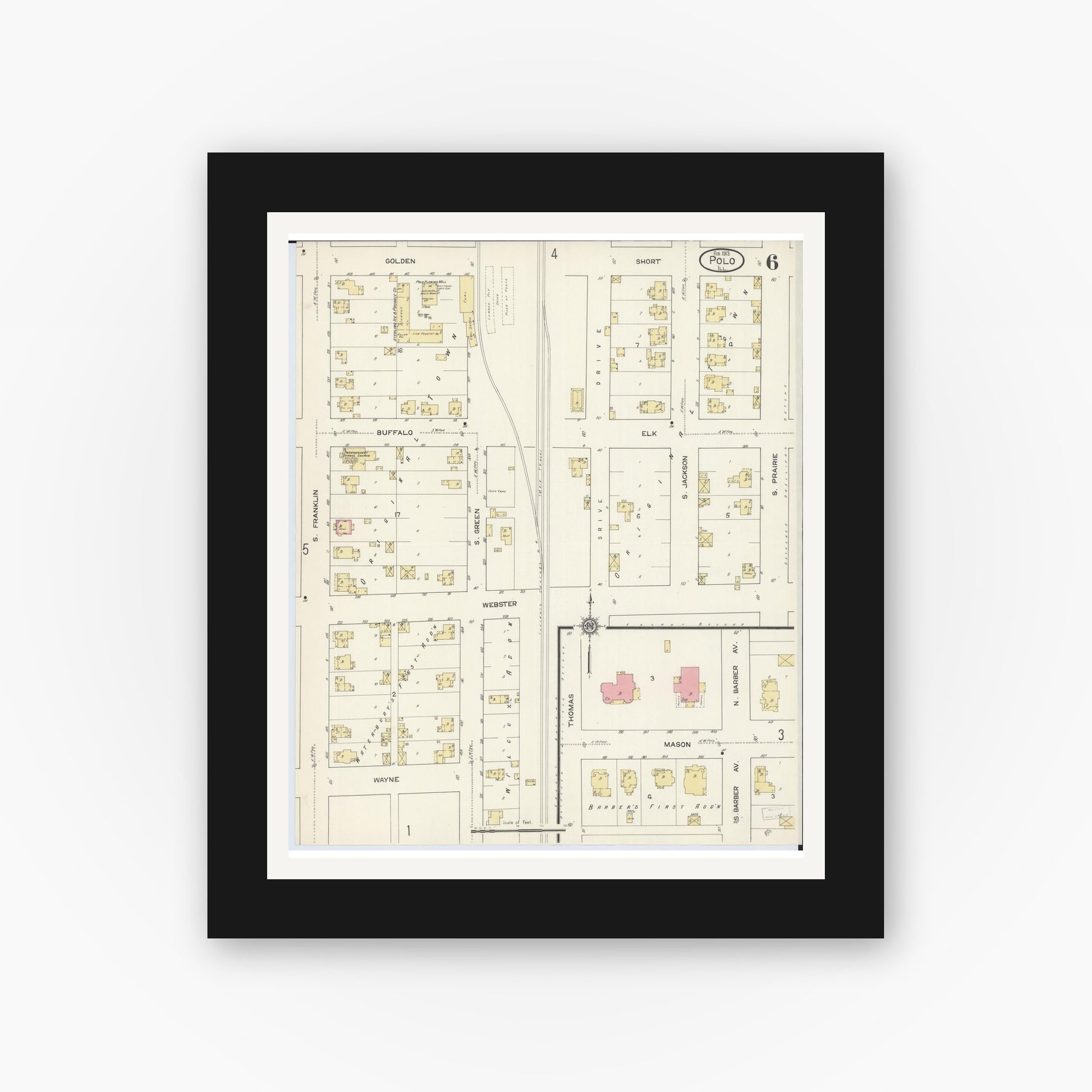 Old map wall art mockup — black gallery frame with white mat — Sanborn Fire Insurance Map from Polo, Ogle County, Illinois (1913), Sheet #0006