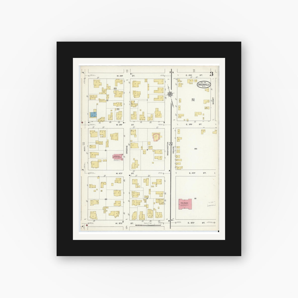 Old map wall art mockup — black gallery frame with white mat — Sanborn Fire Insurance Map from Greenville, Pitt County, North Carolina (1916), Sheet #0003