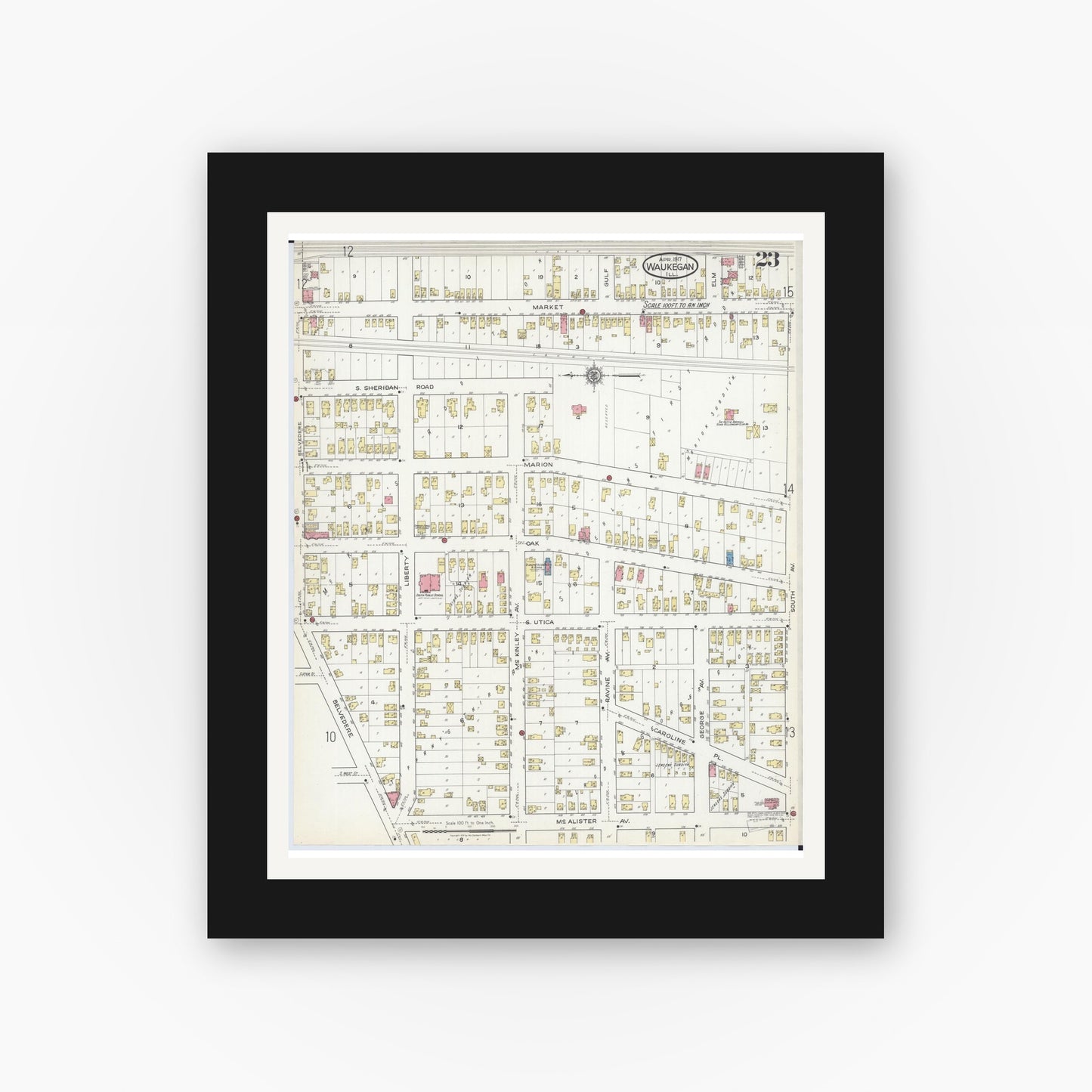 Old map wall art mockup — black gallery frame with white mat — Sanborn Fire Insurance Map from Waukegan, Lake County, Illinois (1917), Sheet #0023