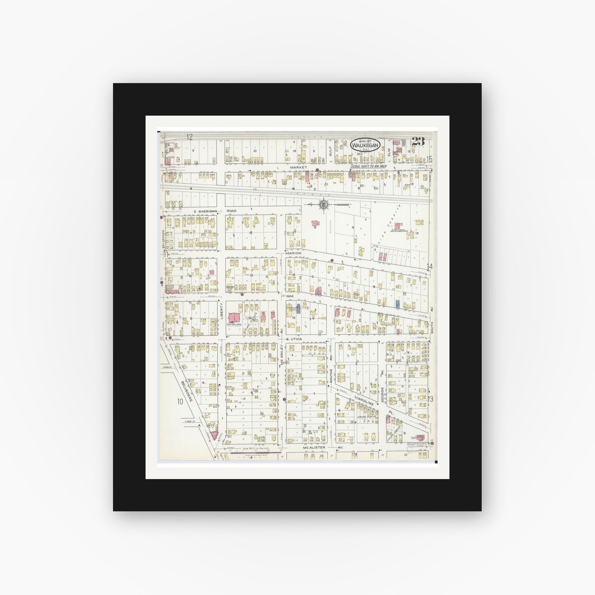 Old map wall art mockup — black gallery frame with white mat — Sanborn Fire Insurance Map from Waukegan, Lake County, Illinois (1917), Sheet #0023
