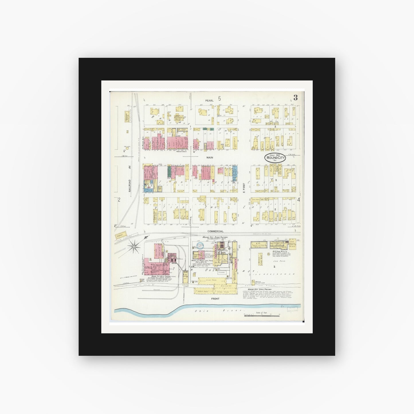 Old map wall art mockup — black gallery frame with white mat — Sanborn Fire Insurance Map from Mound City, Pulaski County, Illinois (1907), Sheet #0003