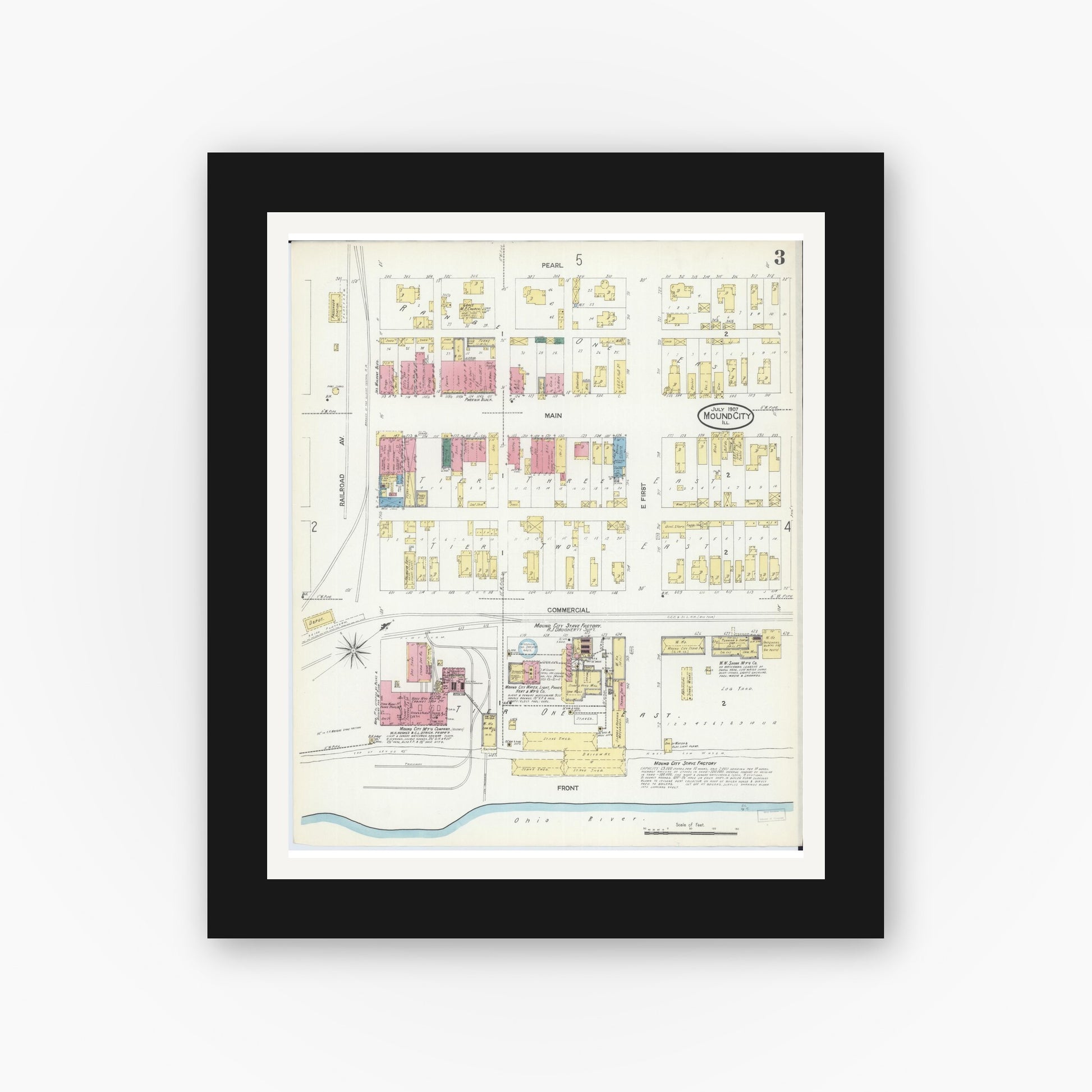 Old map wall art mockup — black gallery frame with white mat — Sanborn Fire Insurance Map from Mound City, Pulaski County, Illinois (1907), Sheet #0003