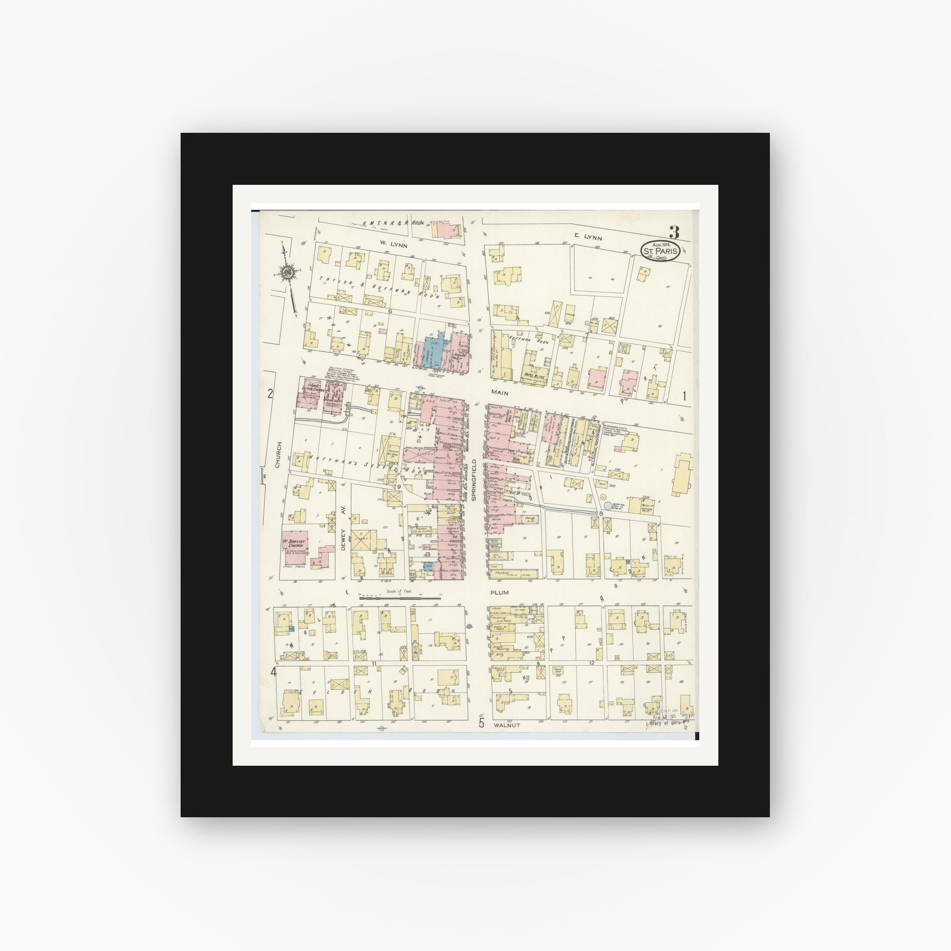 Old map wall art mockup — black gallery frame with white mat — Sanborn Fire Insurance Map from Saint Paris, Champaign County, Ohio (1914), Sheet #0003