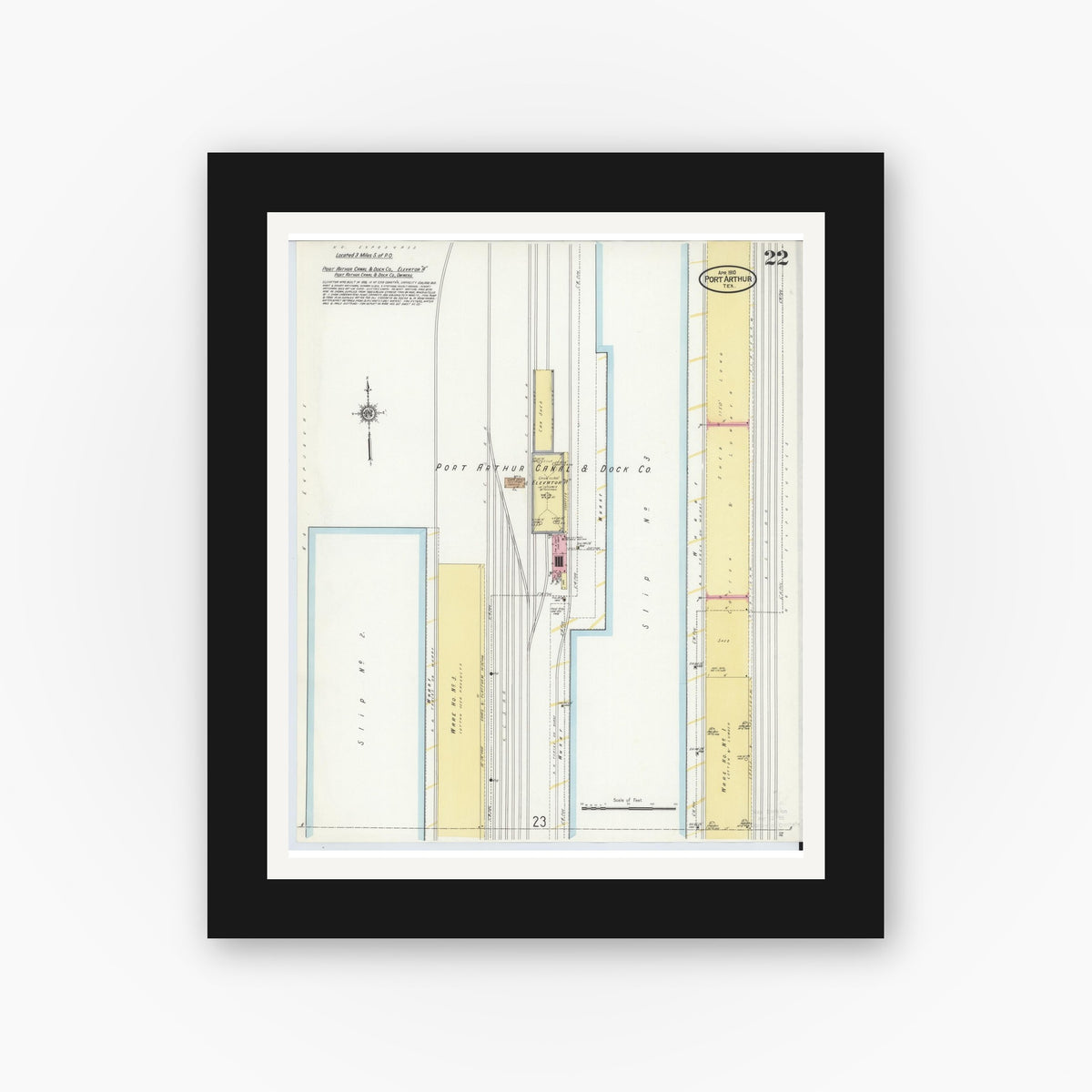 Old map wall art mockup — black gallery frame with white mat — Sanborn Fire Insurance Map from Port Arthur, Jefferson County, Texas (1910), Sheet #0022