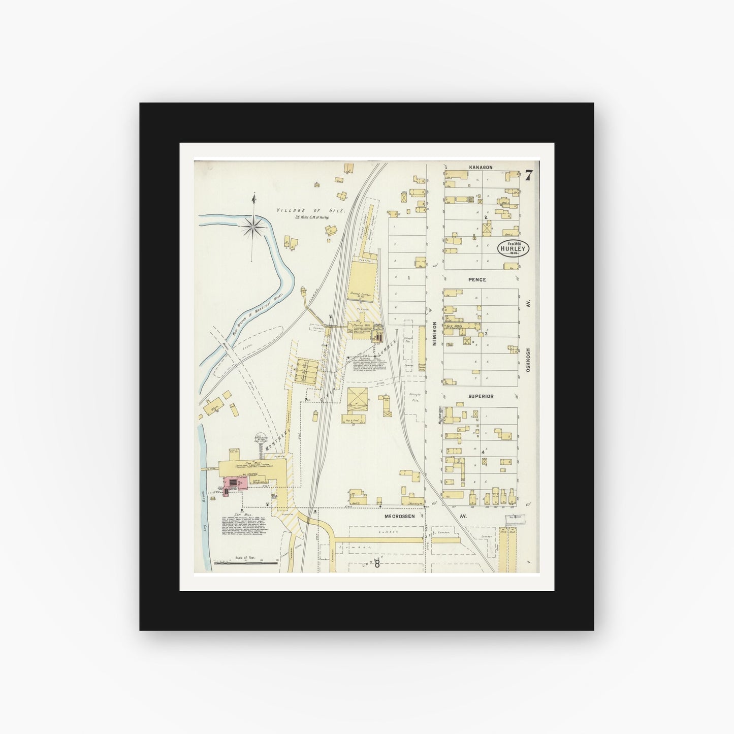 Old map wall art mockup — black gallery frame with white mat — Sanborn Fire Insurance Map from Hurley, Iron County, Wisconsin (1898), Sheet #0007