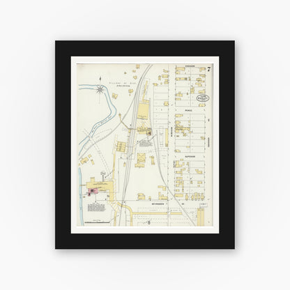 Old map wall art mockup — black gallery frame with white mat — Sanborn Fire Insurance Map from Hurley, Iron County, Wisconsin (1898), Sheet #0007
