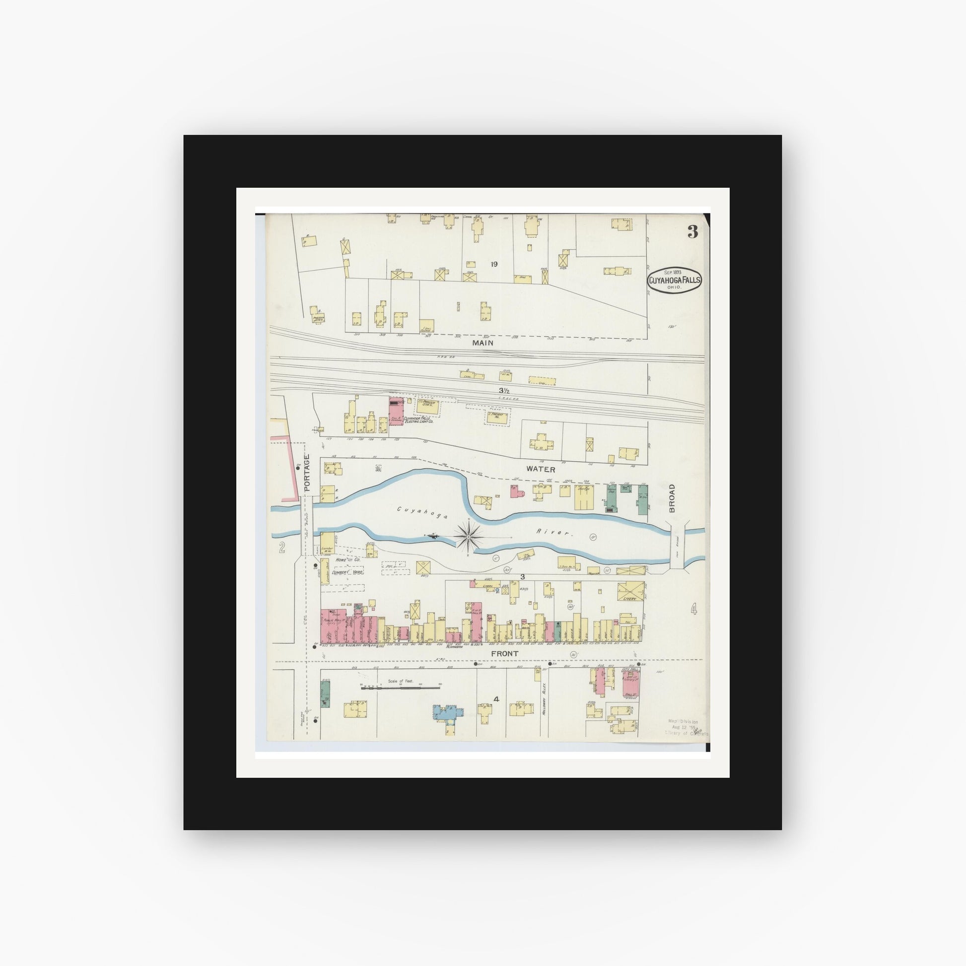 Old map wall art mockup — black gallery frame with white mat — Sanborn Fire Insurance Map from Cuyahoga Falls, Summit County, Ohio (1893), Sheet #0003