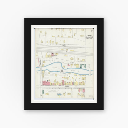 Old map wall art mockup — black gallery frame with white mat — Sanborn Fire Insurance Map from Cuyahoga Falls, Summit County, Ohio (1893), Sheet #0003