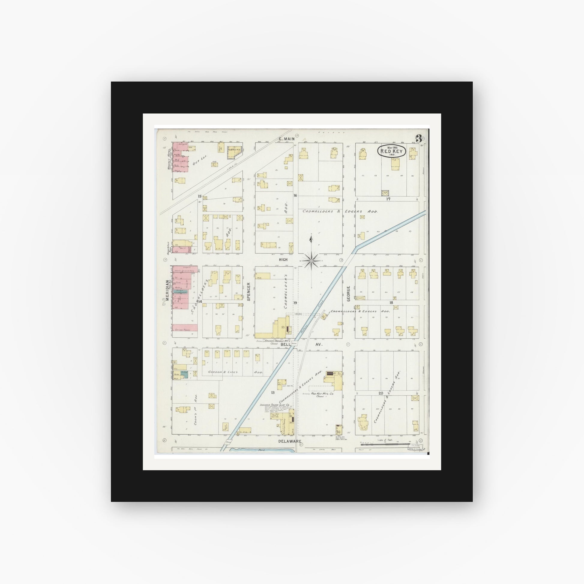 Old map wall art mockup — black gallery frame with white mat — Sanborn Fire Insurance Map from Redkey, Jay County, Indiana (1895), Sheet #0003