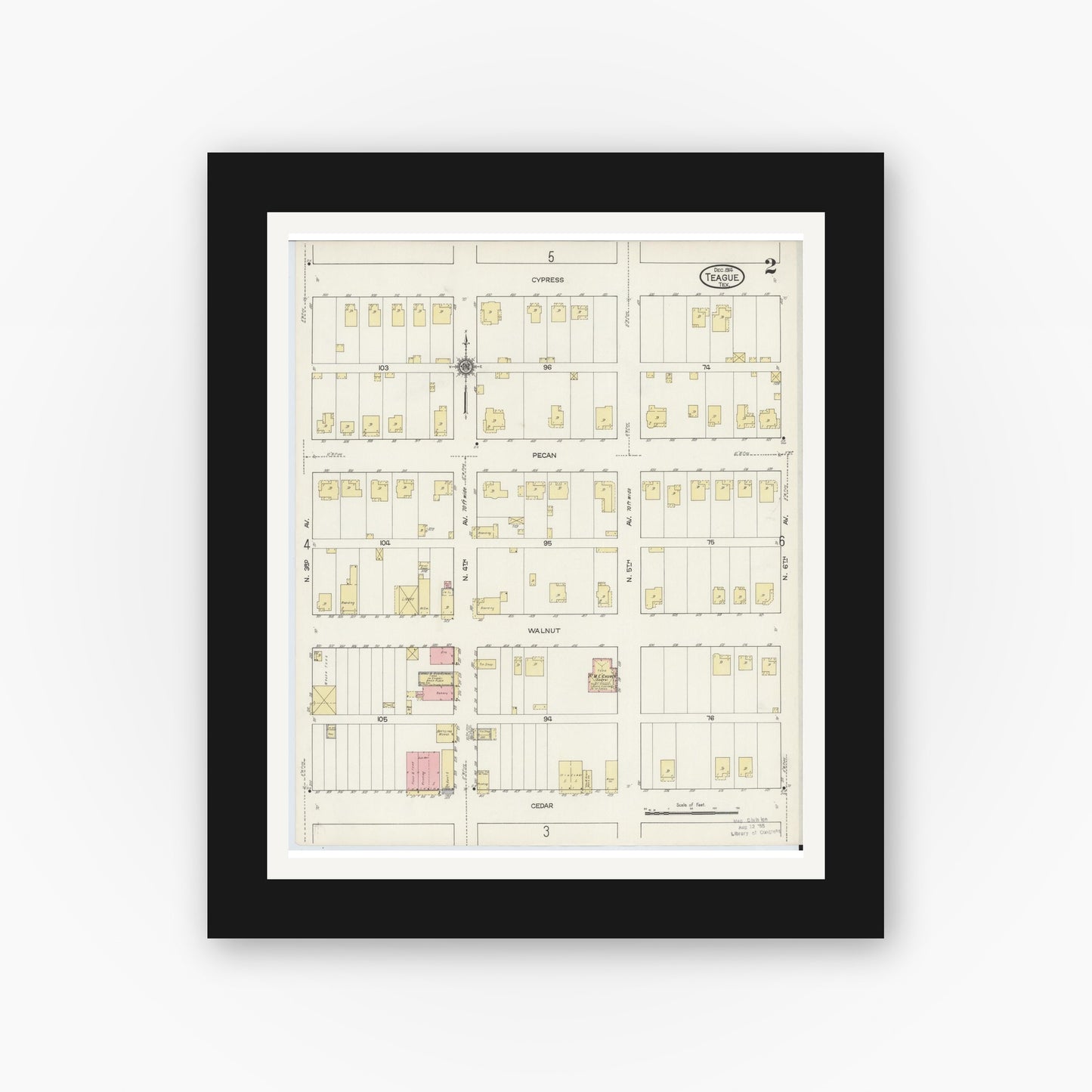 Old map wall art mockup — black gallery frame with white mat — Sanborn Fire Insurance Map from Teague, Freestone County, Texas (1914), Sheet #0002