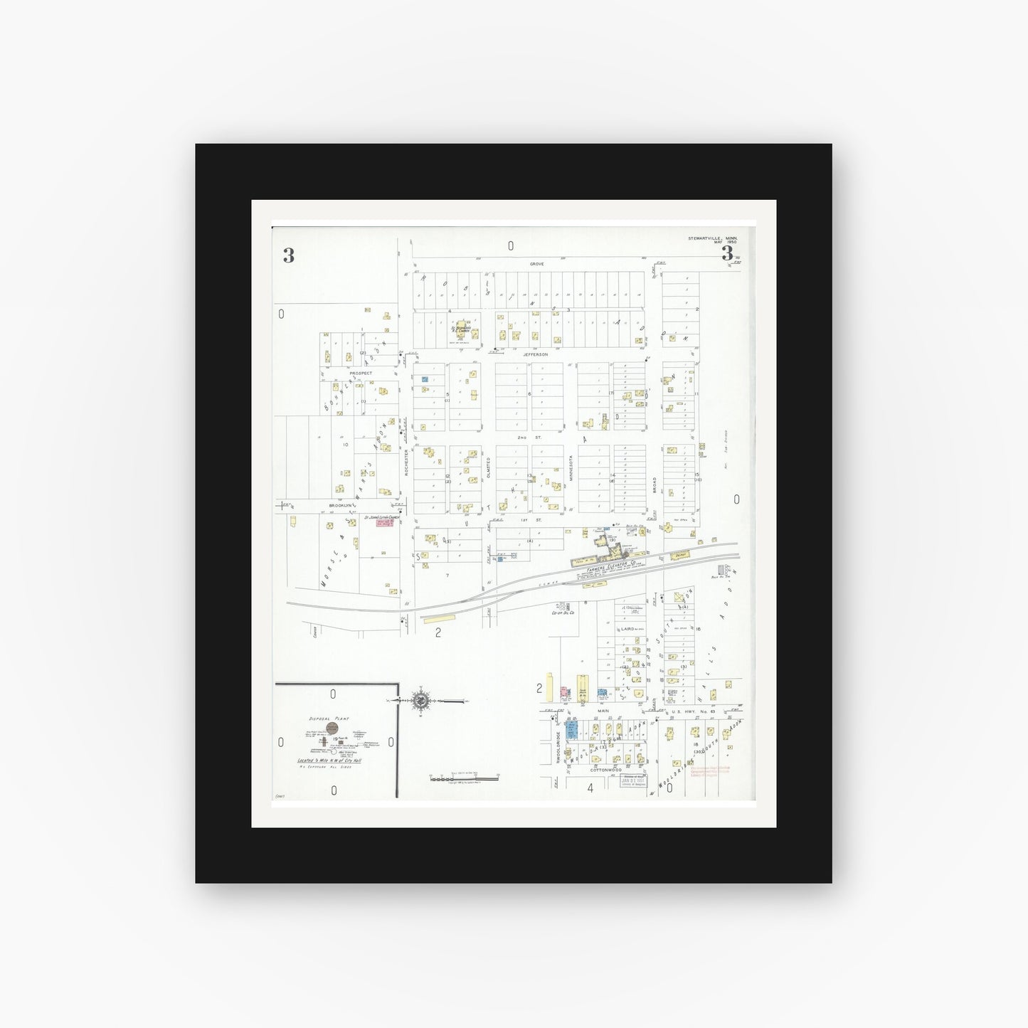 Old map wall art mockup — black gallery frame with white mat — Sanborn Fire Insurance Map from Stewartville, Olmsted County, Minnesota (1950), Sheet #0003