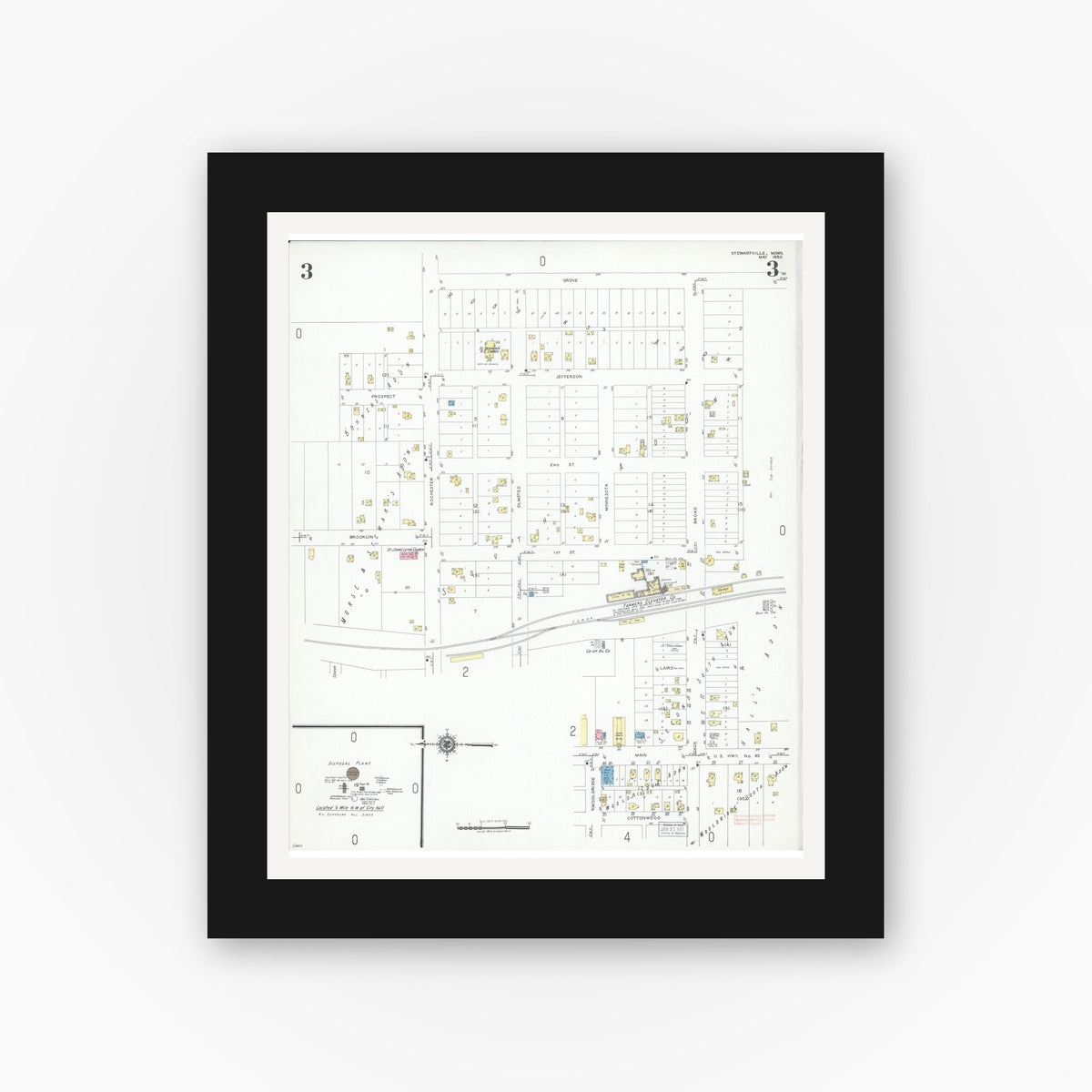 Old map wall art mockup — black gallery frame with white mat — Sanborn Fire Insurance Map from Stewartville, Olmsted County, Minnesota (1950), Sheet #0003