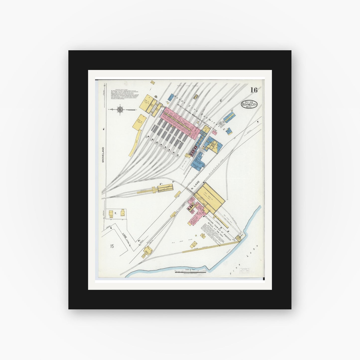 Old map wall art mockup — black gallery frame with white mat — Sanborn Fire Insurance Map from Boyne City, Charlevoix County, Michigan (1919), Sheet #0016