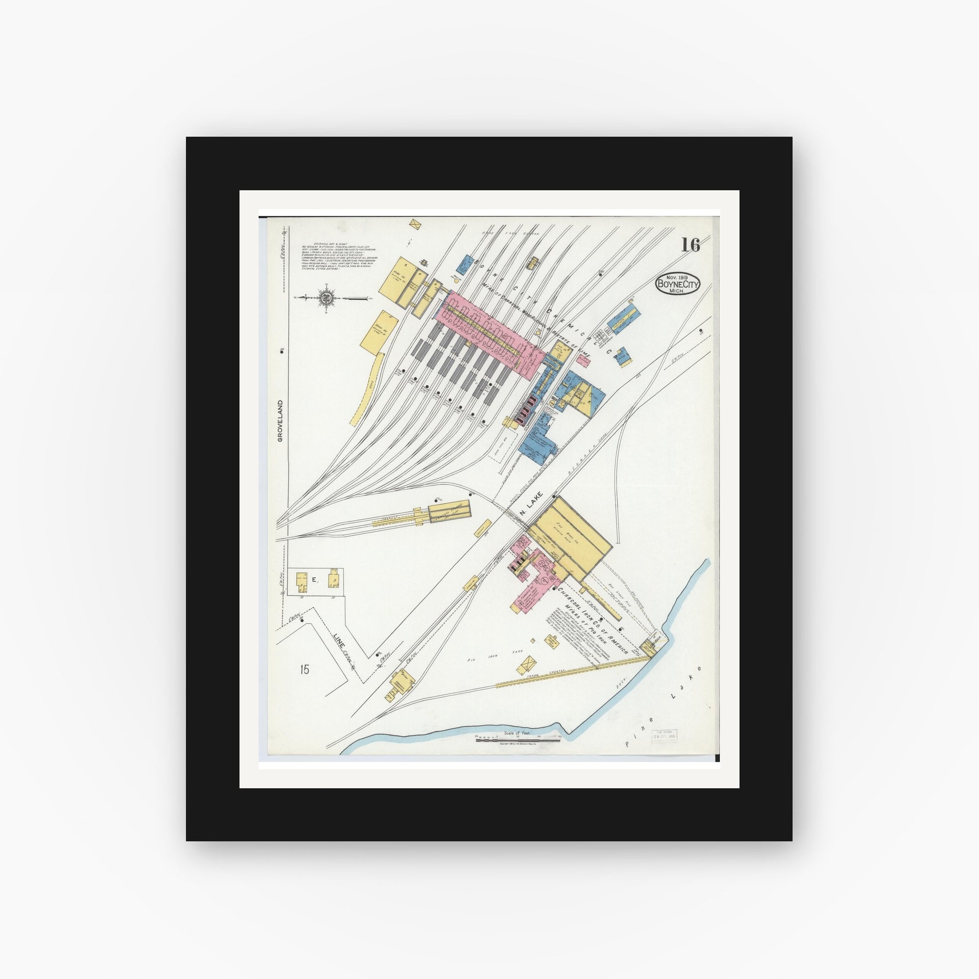 Old map wall art mockup — black gallery frame with white mat — Sanborn Fire Insurance Map from Boyne City, Charlevoix County, Michigan (1919), Sheet #0016
